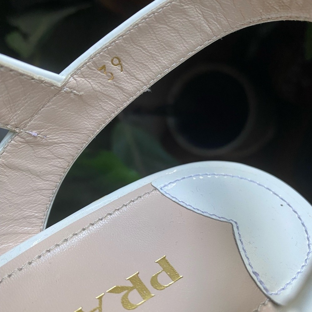 Prada White Patent Leather Criss Cross Ankle Strap Cork Wedge Sandals Size 39 - Picture 10 of 16